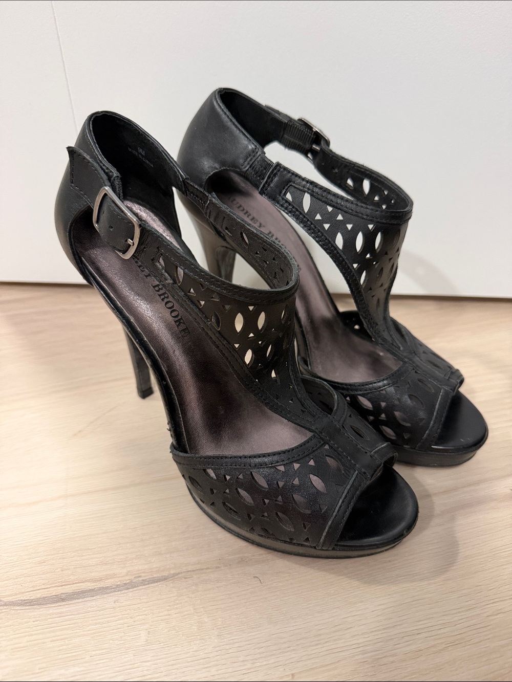 Audrey Brooke Black Laser-Cut Ankle-Strap Peep-Toe Heels